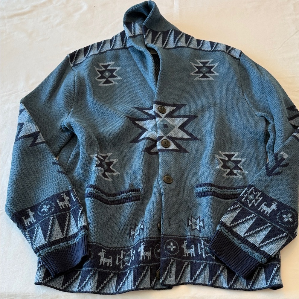 J. Crew x Wallace & Barnes Blue and Gray Geometric Cardigan